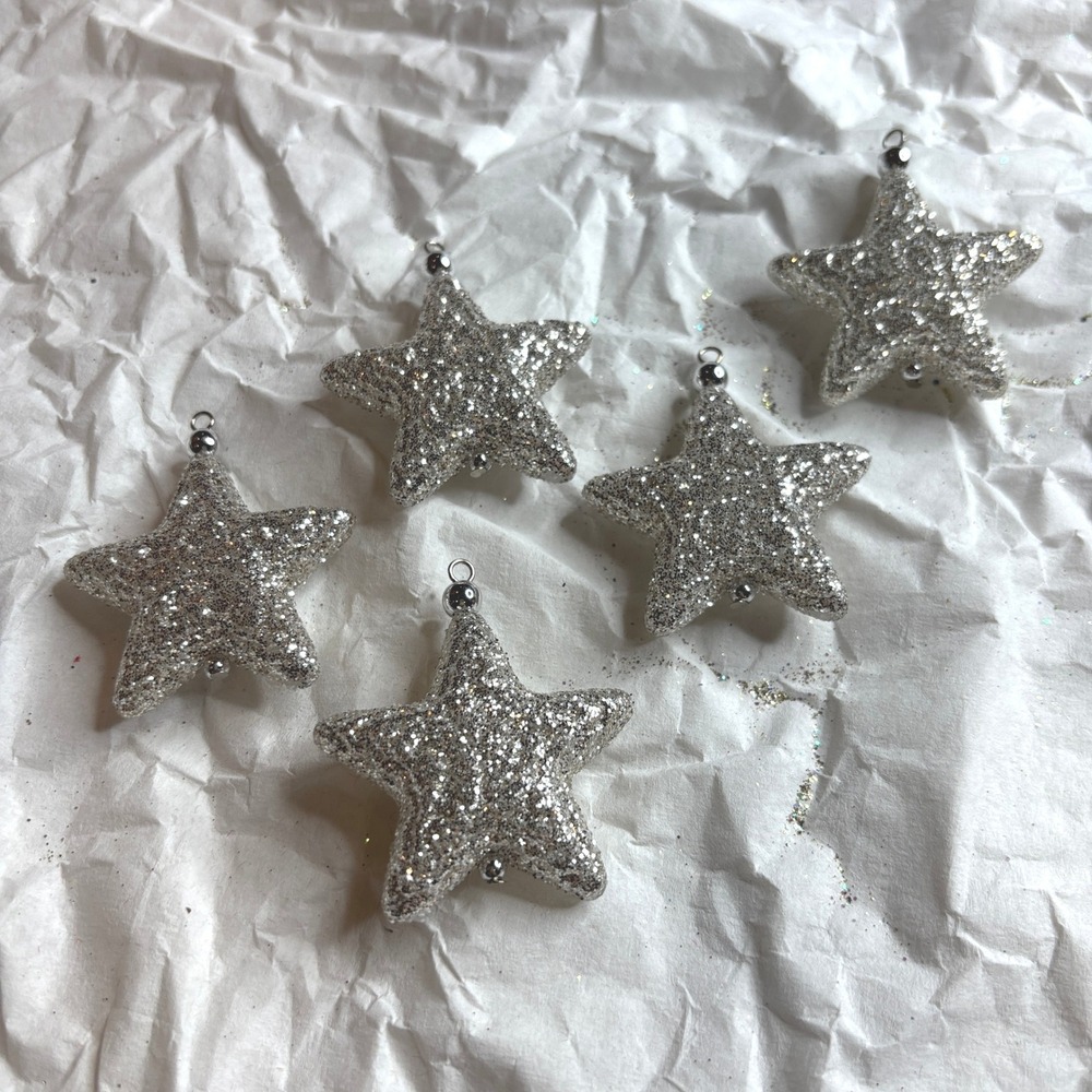 Crate & Barrel Glitter Star Ornaments Set of 5 Silver Holiday Decor